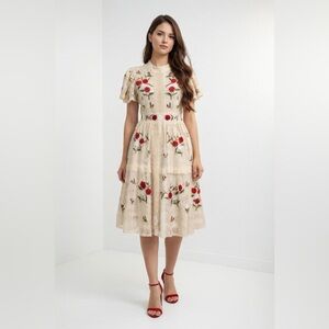 Cream Lace Midi Dress with Red Floral Embroidery